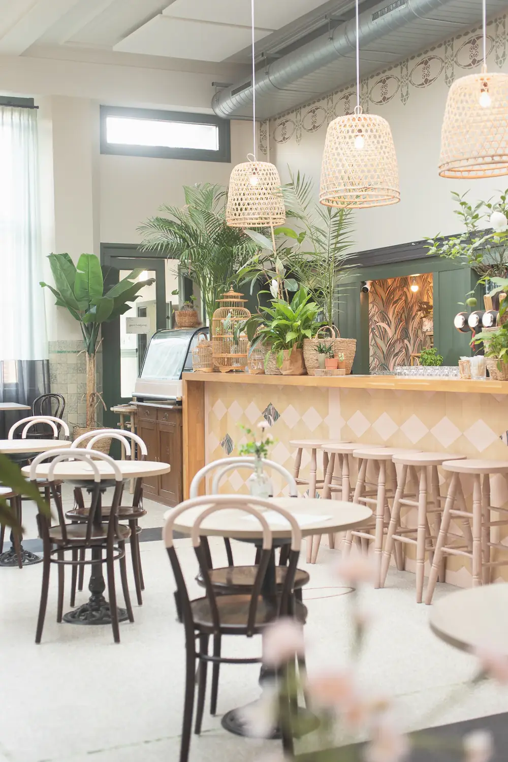 Café interior with bentwood chairs, plants and a tiled bar