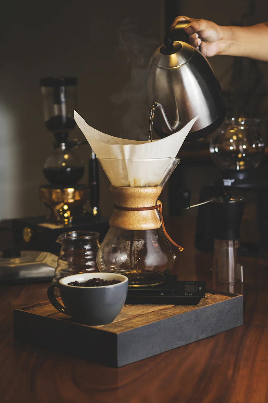 Pour-over coffee brewing in a glass carafe